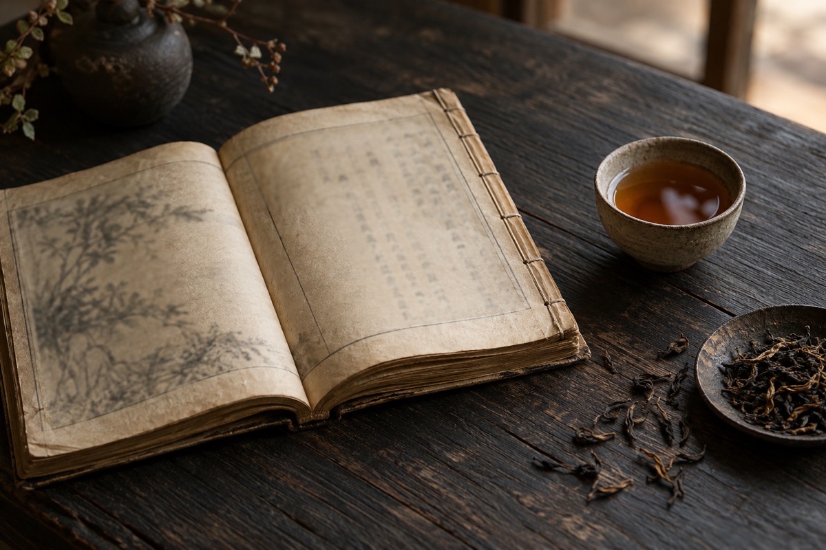 An open book and a tea cup on a dark desk
