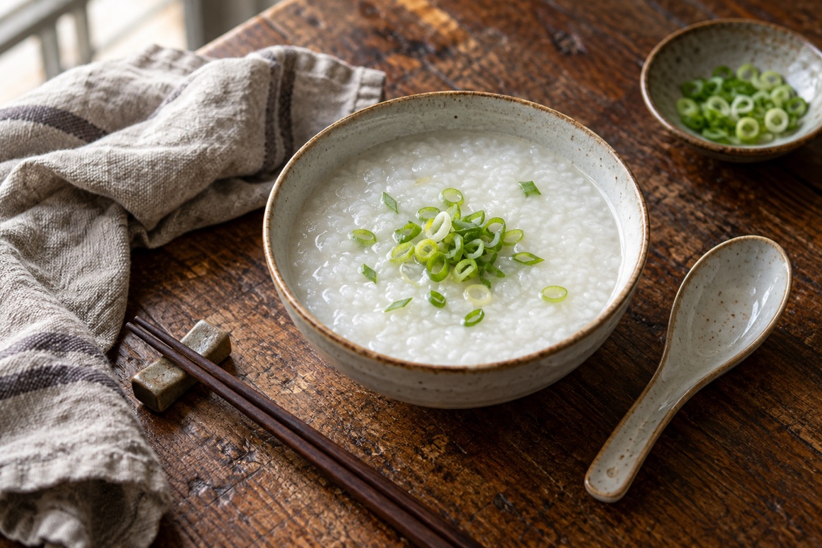 A ceramic bowl of rice congee on a wooden table