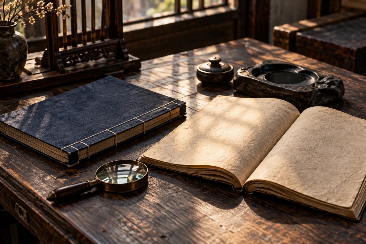 Books and a magnifying glass on a study desk