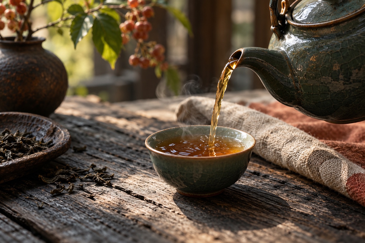 A ceramic teapot and a cup of amber tea
